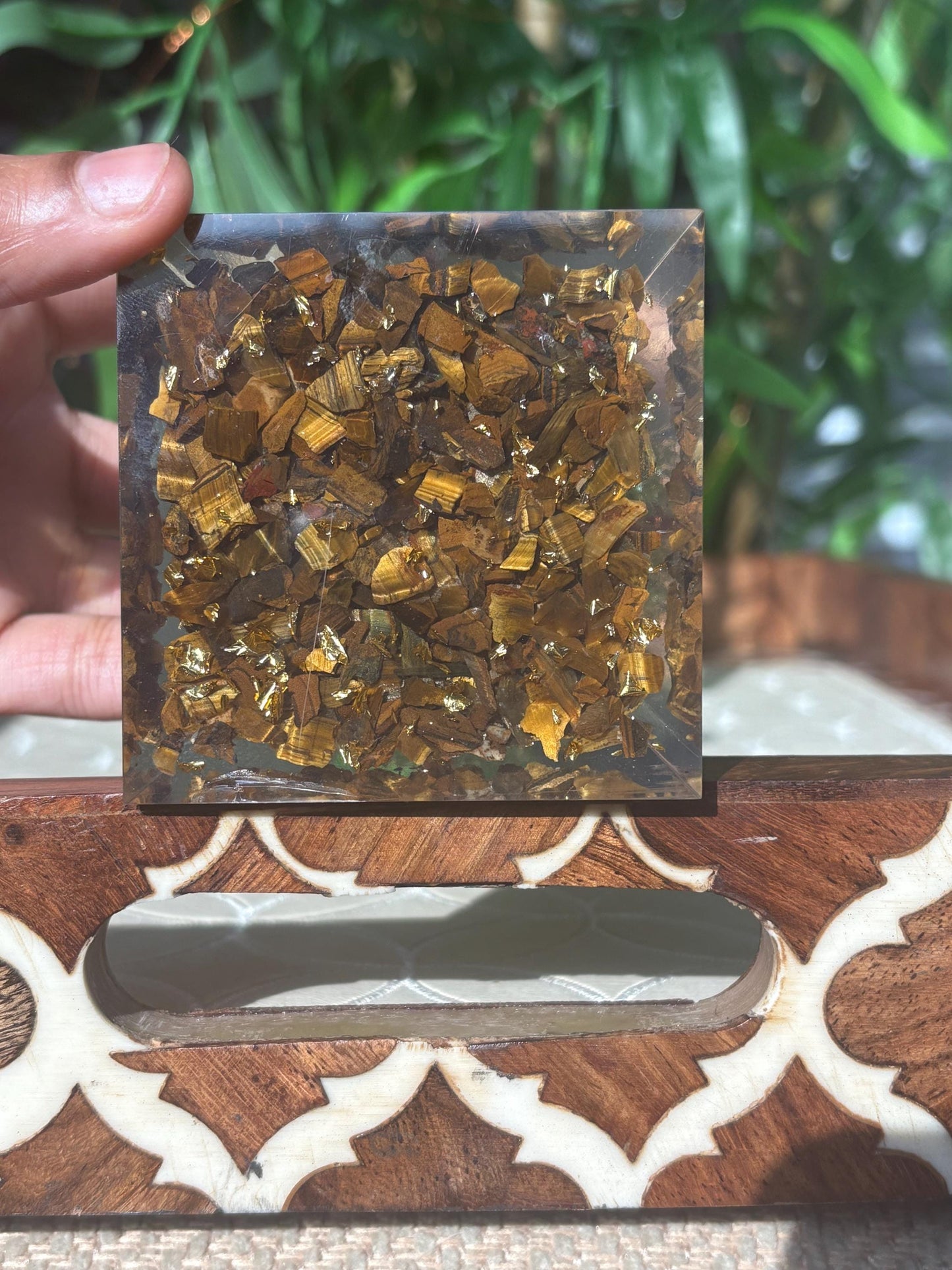 Miniature Crystal Trees; Peridot and Tiger Eye Crystal Orgonite Pyramid; 3.14 inches