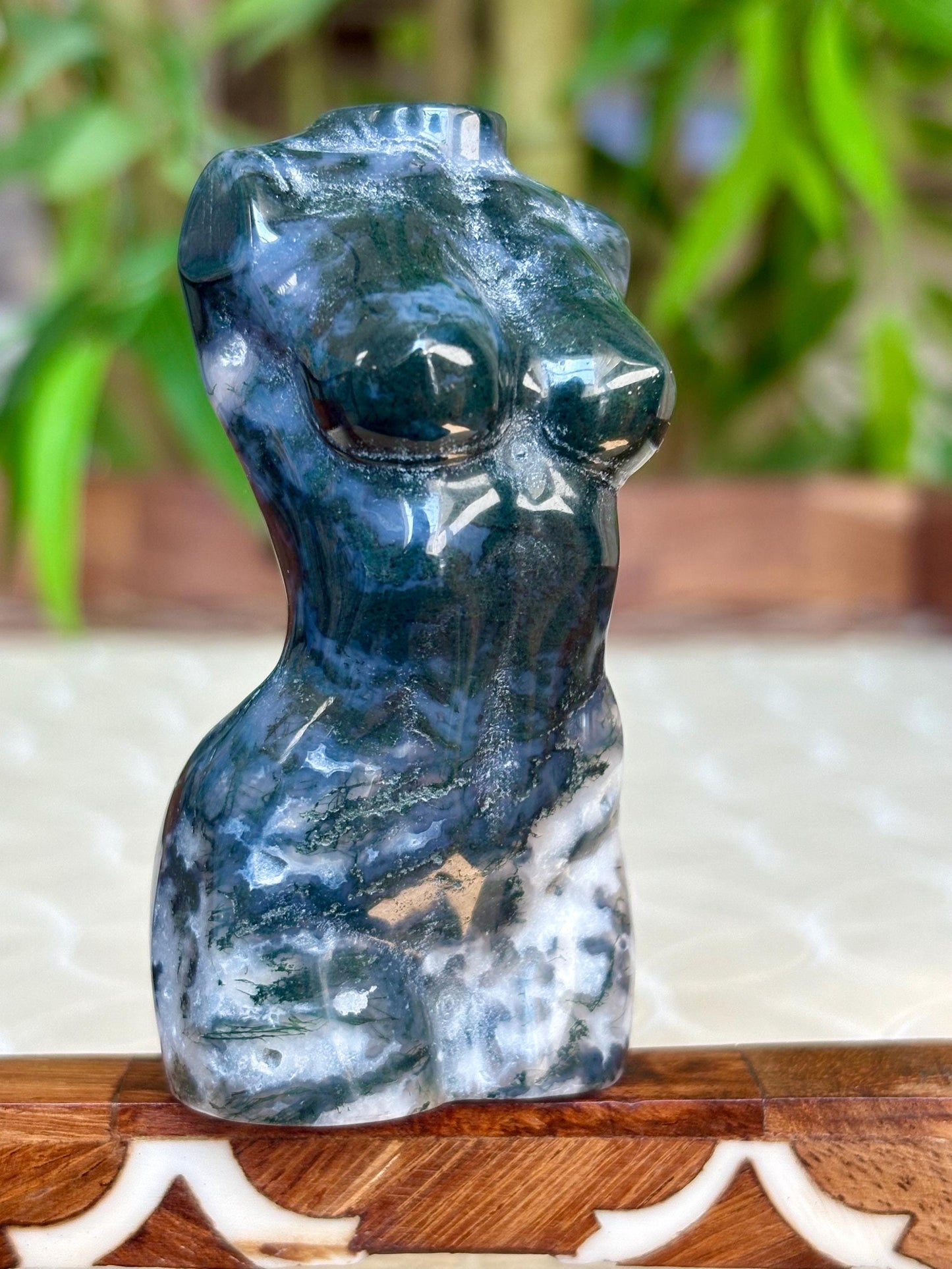 Moss Agate Crystal Female Body Carving: 3.09 Inches