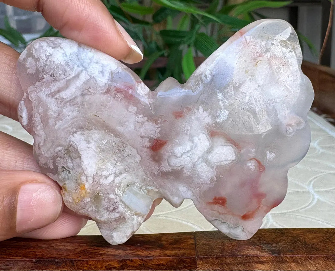 Flower Agate Crystal Butterfly Carving; 2.50 inches
