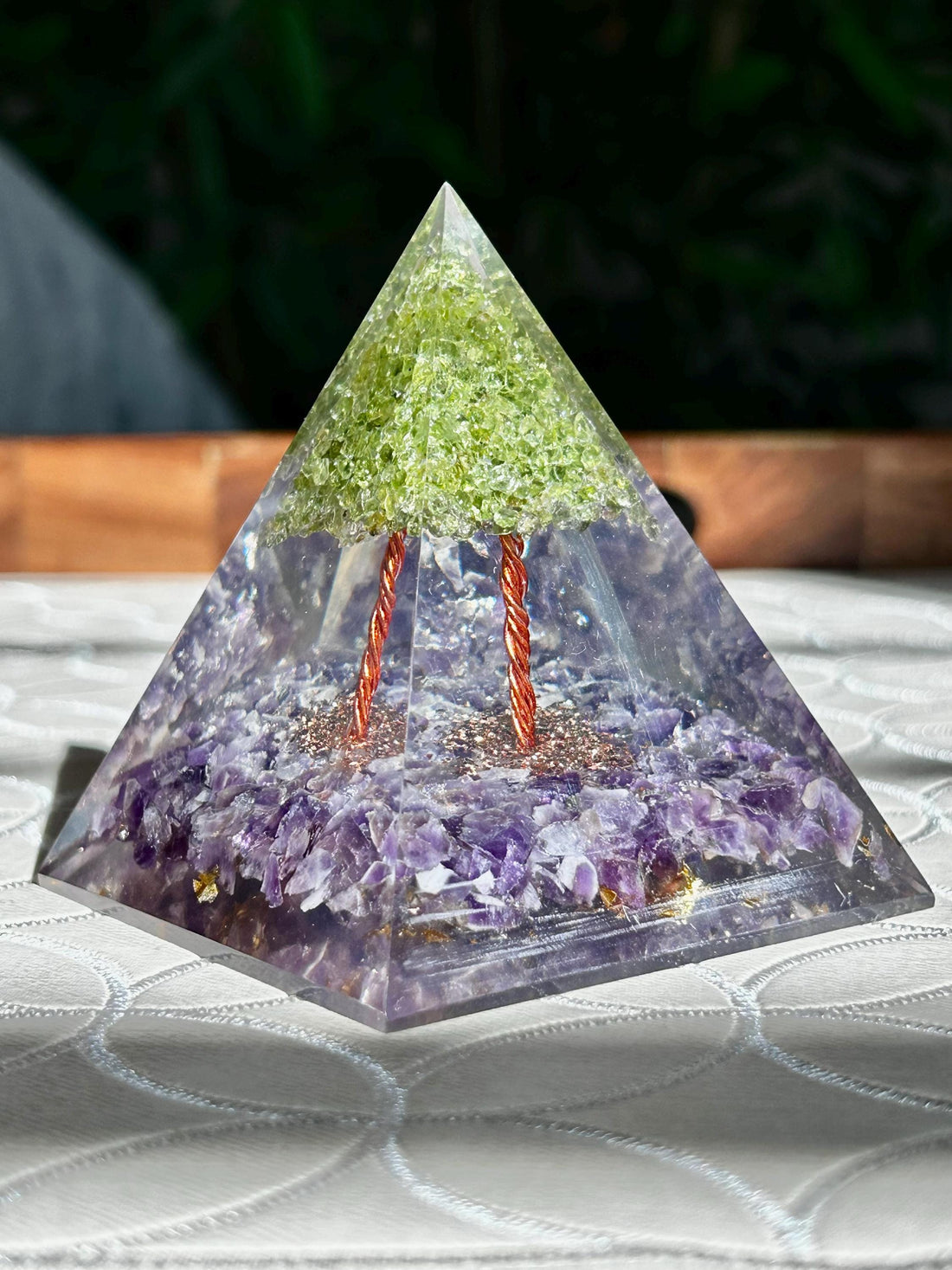 Miniature Crystal Trees; Peridot and Amethyst Crystal Orgonite Pyramid; 3.14 inches