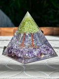 Miniature Crystal Trees; Peridot and Amethyst Crystal Orgonite Pyramid; 3.14 inches