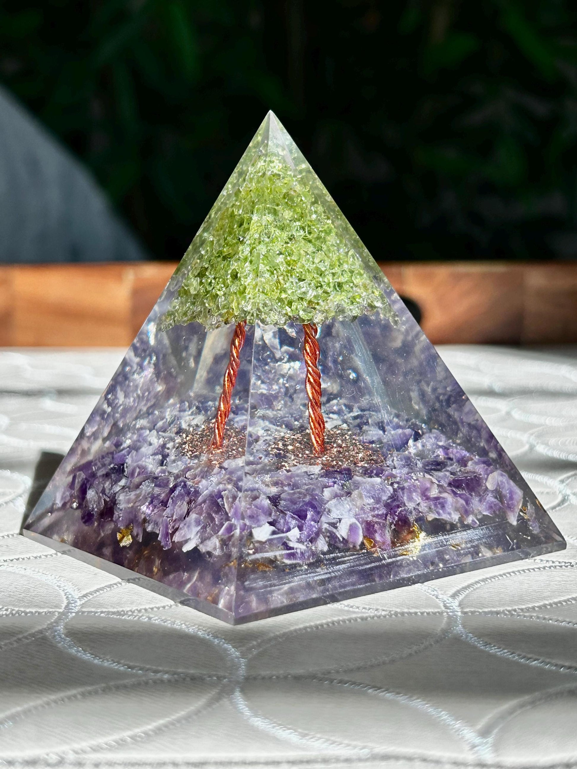 Miniature Crystal Trees; Peridot and Amethyst Crystal Orgonite Pyramid; 3.14 inches