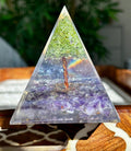 Miniature Crystal Trees; Peridot and Amethyst Crystal Orgonite Pyramid; 3.14 inches
