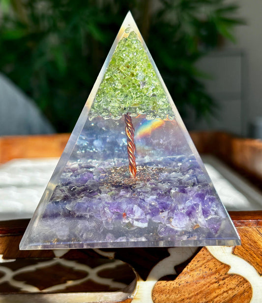 Miniature Crystal Trees; Peridot and Amethyst Crystal Orgonite Pyramid; 3.14 inches
