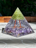 Miniature Crystal Trees; Peridot and Amethyst Crystal Orgonite Pyramid; 3.14 inches