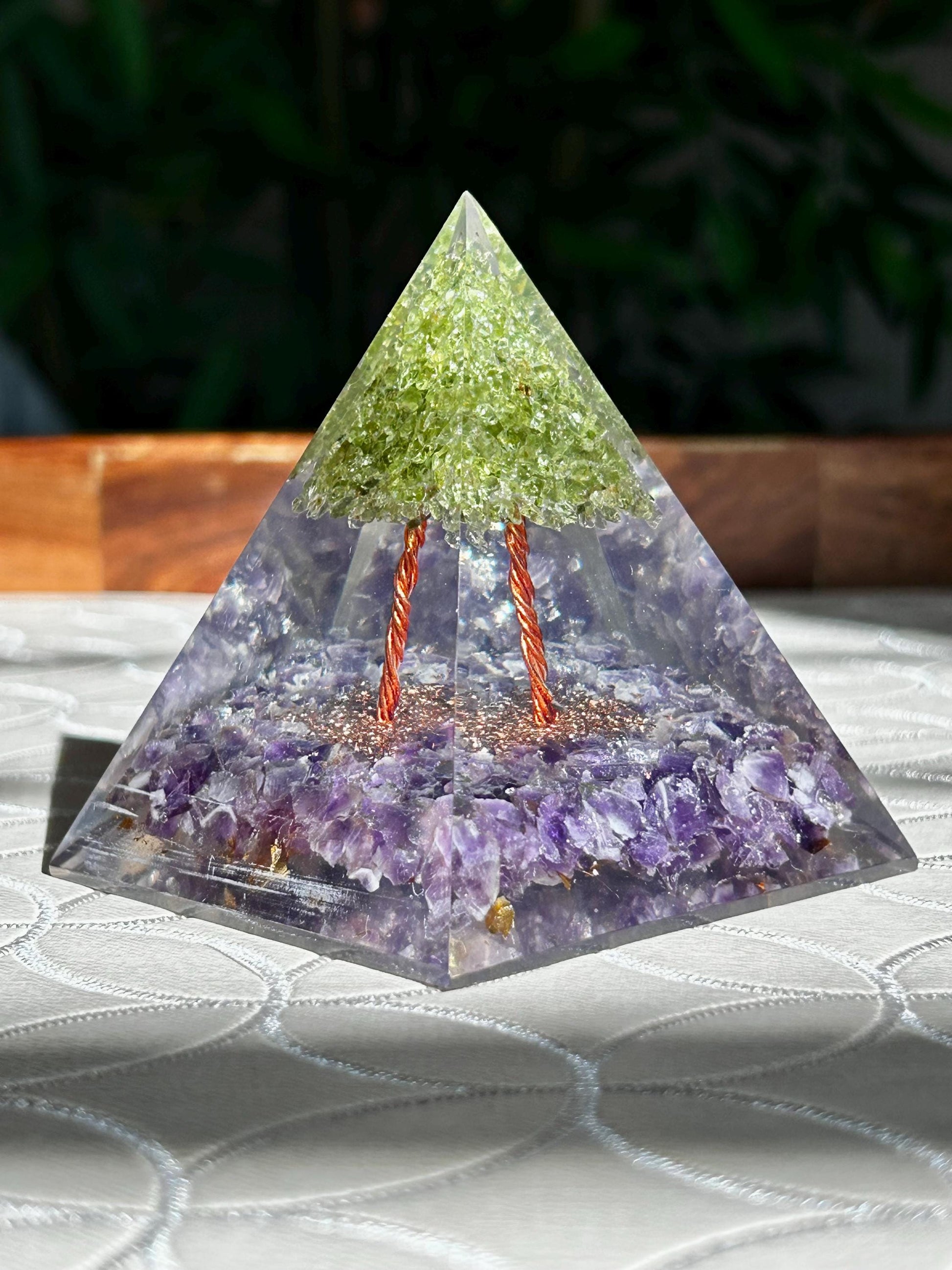 Miniature Crystal Trees; Peridot and Amethyst Crystal Orgonite Pyramid; 3.14 inches