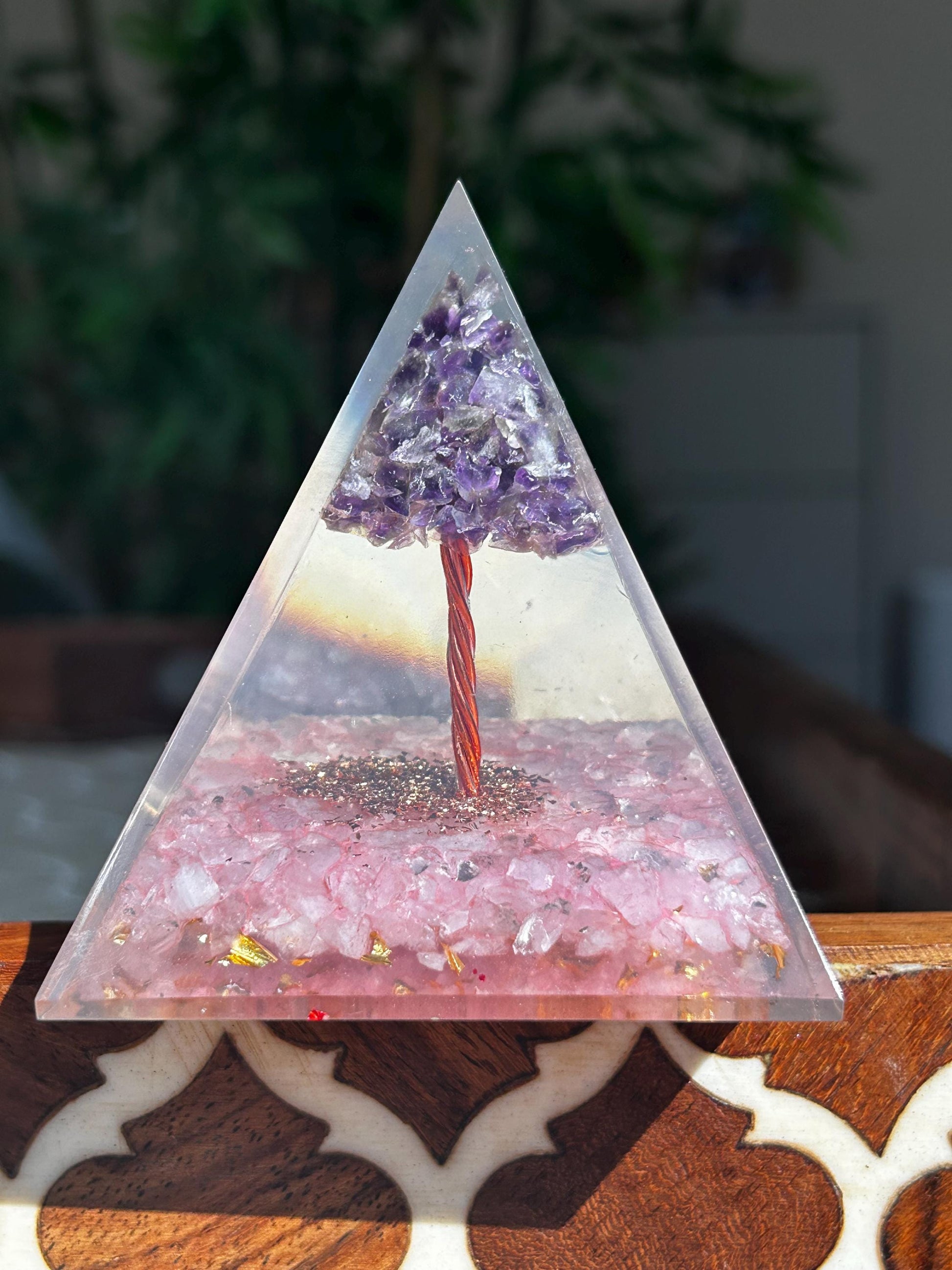Miniature Crystal Trees; Amethyst and Rose Quartz Crystal Orgonite Pyramid; 3.14 inches