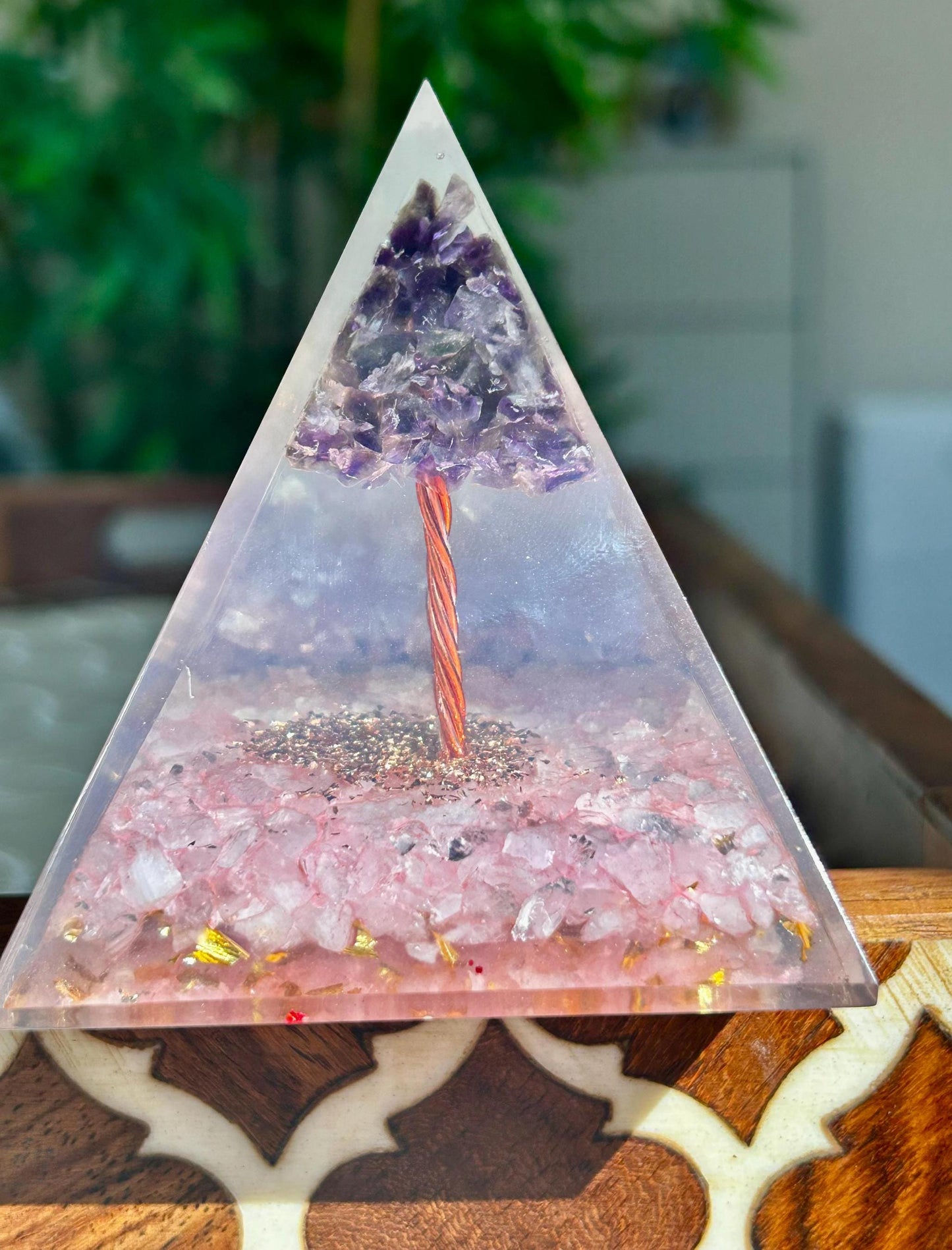 Miniature Crystal Trees; Amethyst and Rose Quartz Crystal Orgonite Pyramid; 3.14 inches