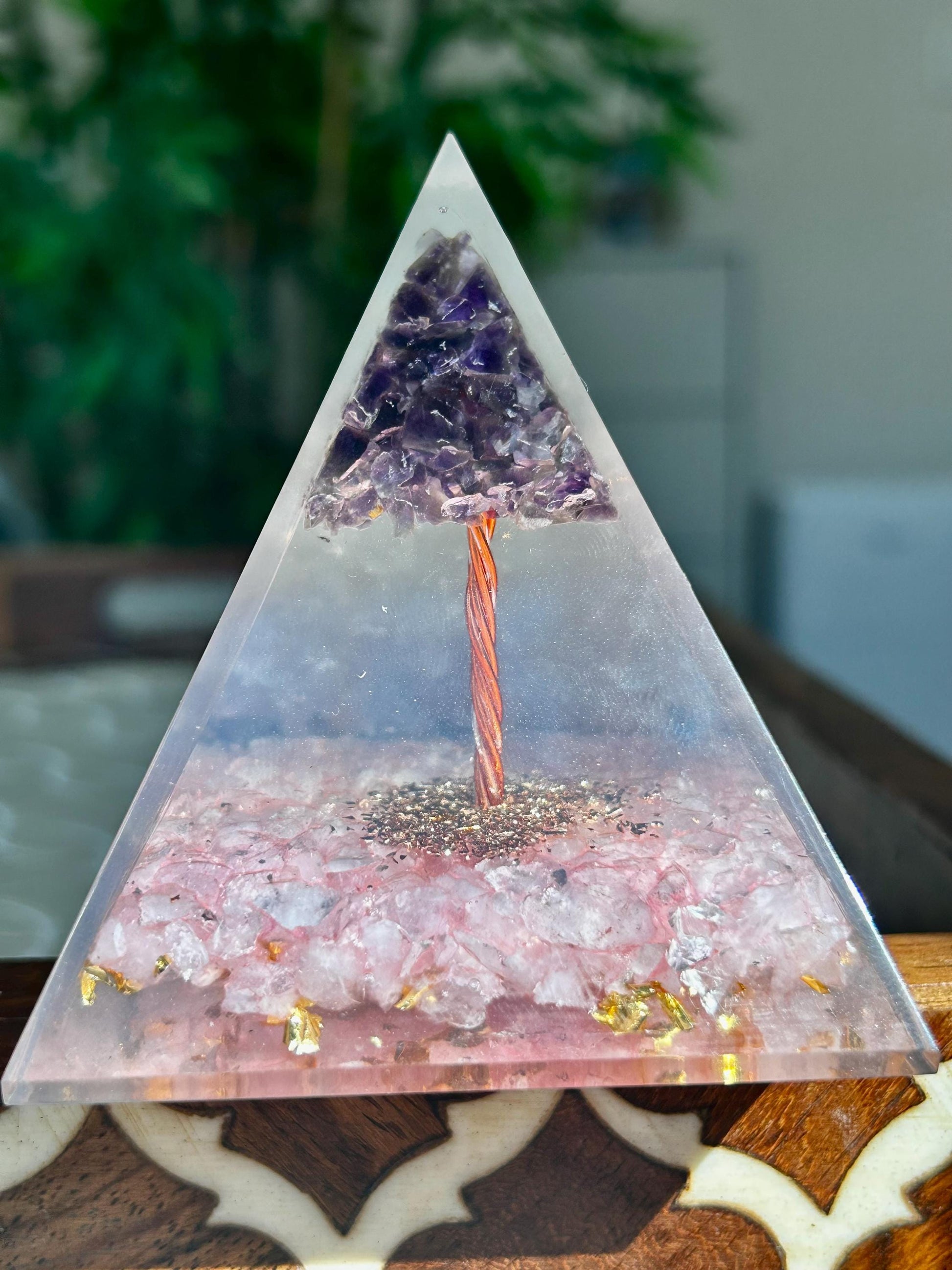 Miniature Crystal Trees; Amethyst and Rose Quartz Crystal Orgonite Pyramid; 3.14 inches