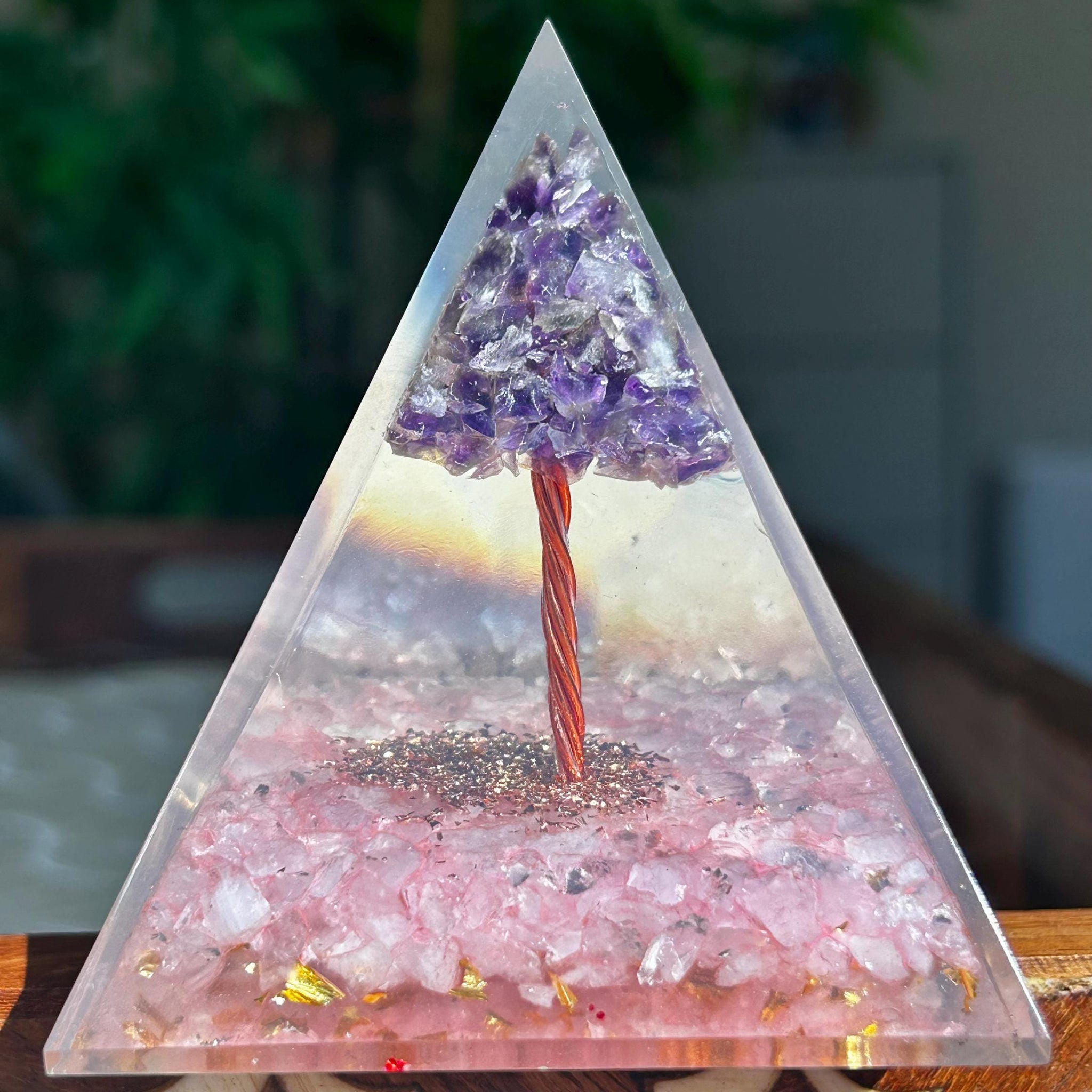Miniature Crystal Trees; Amethyst and Rose Quartz Crystal Orgonite Pyramid; 3.14 inches