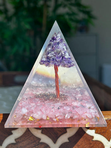 Miniature Crystal Trees; Amethyst and Rose Quartz Crystal Orgonite Pyramid; 3.14 inches