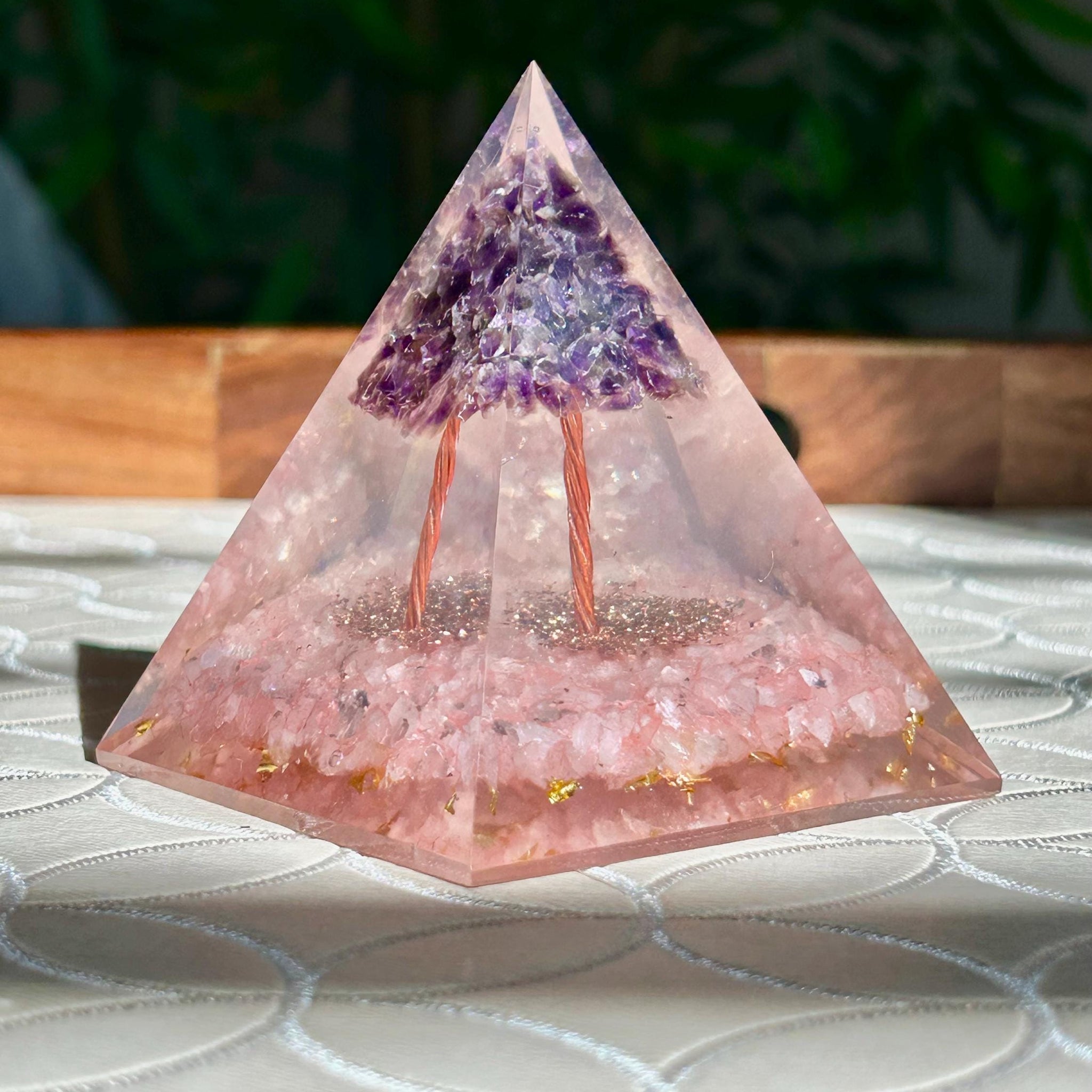 Miniature Crystal Trees; Amethyst and Rose Quartz Crystal Orgonite Pyramid; 3.14 inches