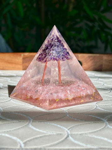 Miniature Crystal Trees; Amethyst and Rose Quartz Crystal Orgonite Pyramid; 3.14 inches