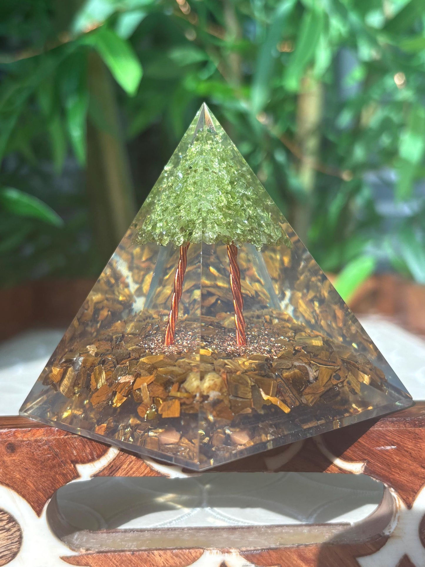 Miniature Crystal Trees; Peridot and Tiger Eye Crystal Orgonite Pyramid; 3.14 inches