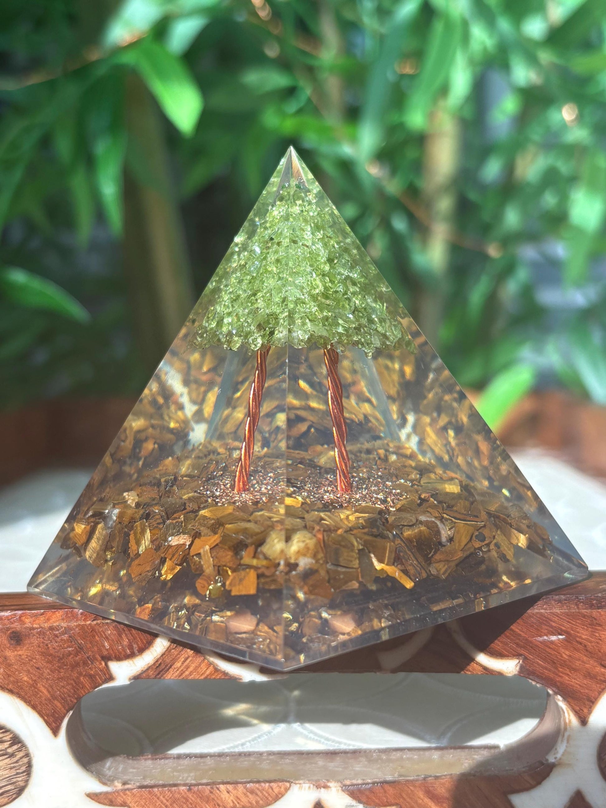 Miniature Crystal Trees; Peridot and Tiger Eye Crystal Orgonite Pyramid; 3.14 inches