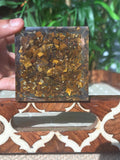 Miniature Crystal Trees; Peridot and Tiger Eye Crystal Orgonite Pyramid; 3.14 inches