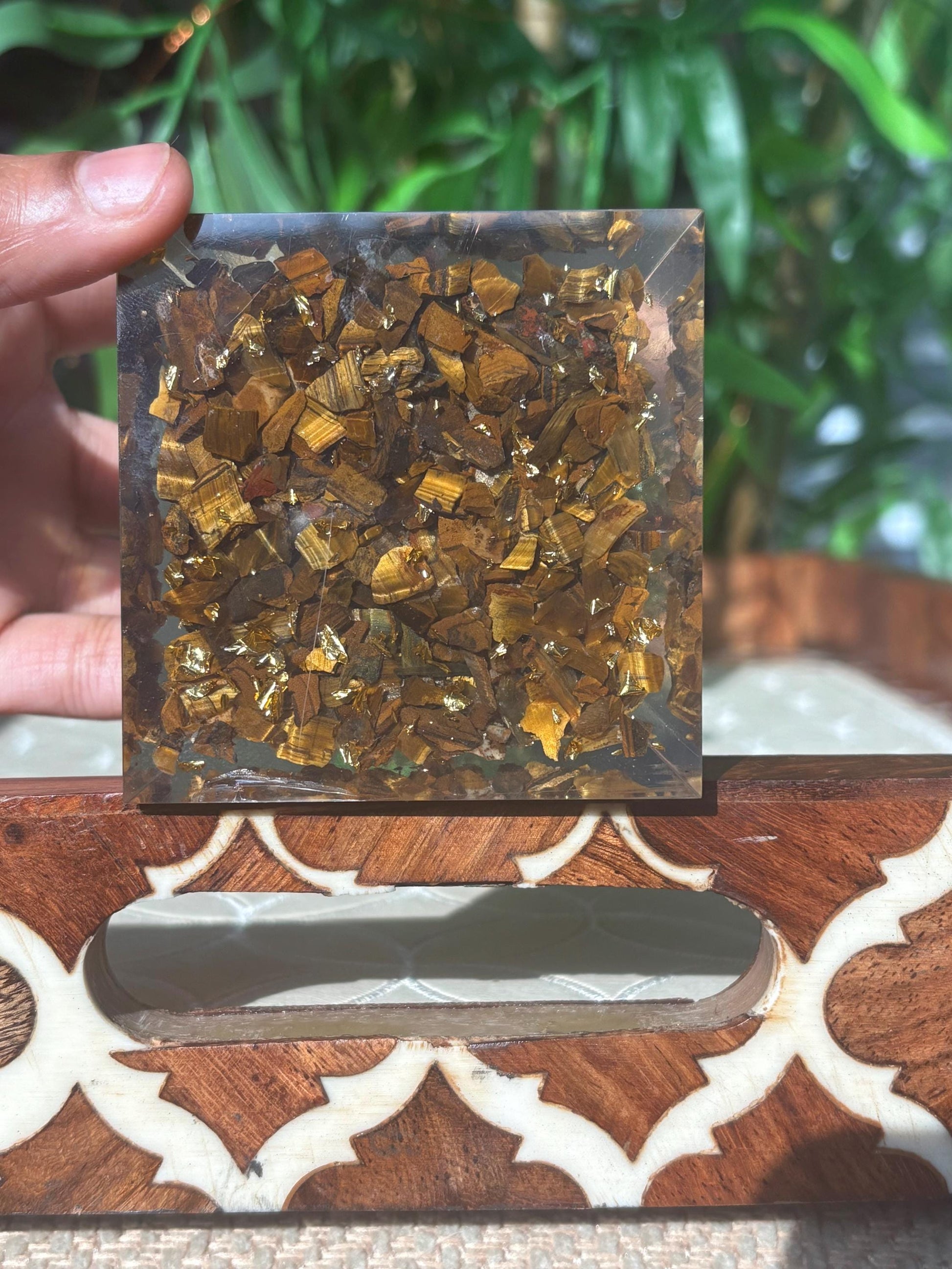 Miniature Crystal Trees; Peridot and Tiger Eye Crystal Orgonite Pyramid; 3.14 inches