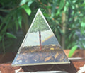 Miniature Crystal Trees; Peridot and Tiger Eye Crystal Orgonite Pyramid; 3.14 inches