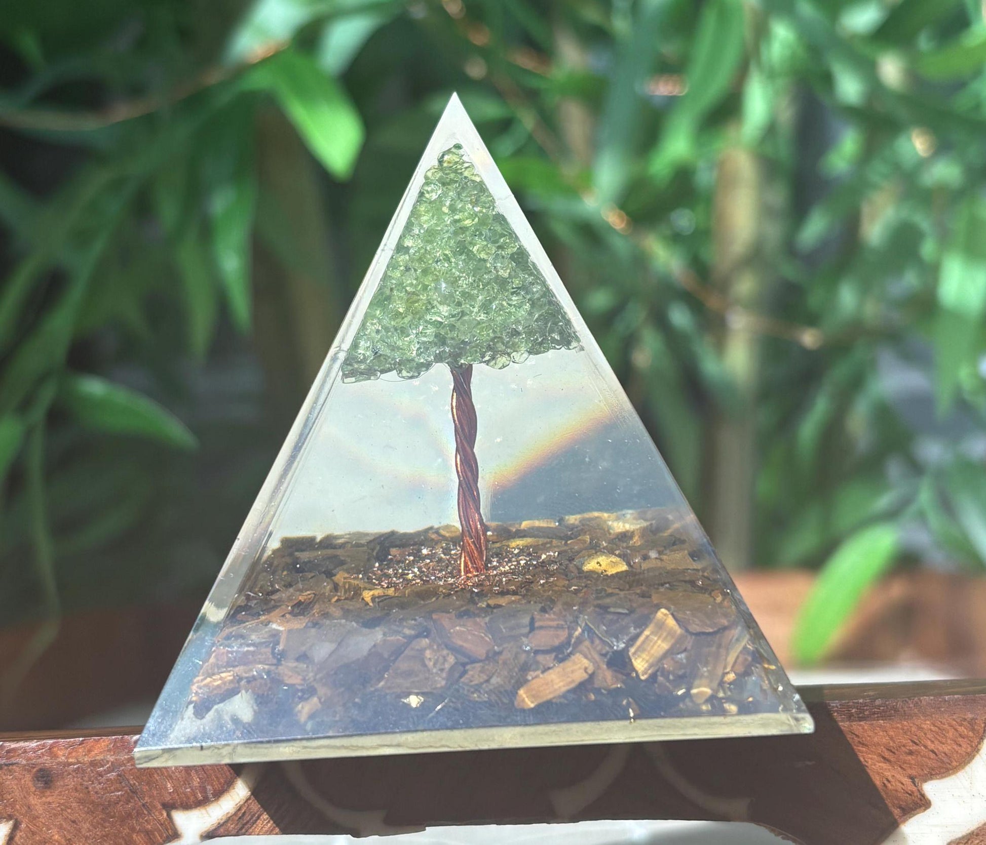 Miniature Crystal Trees; Peridot and Tiger Eye Crystal Orgonite Pyramid; 3.14 inches