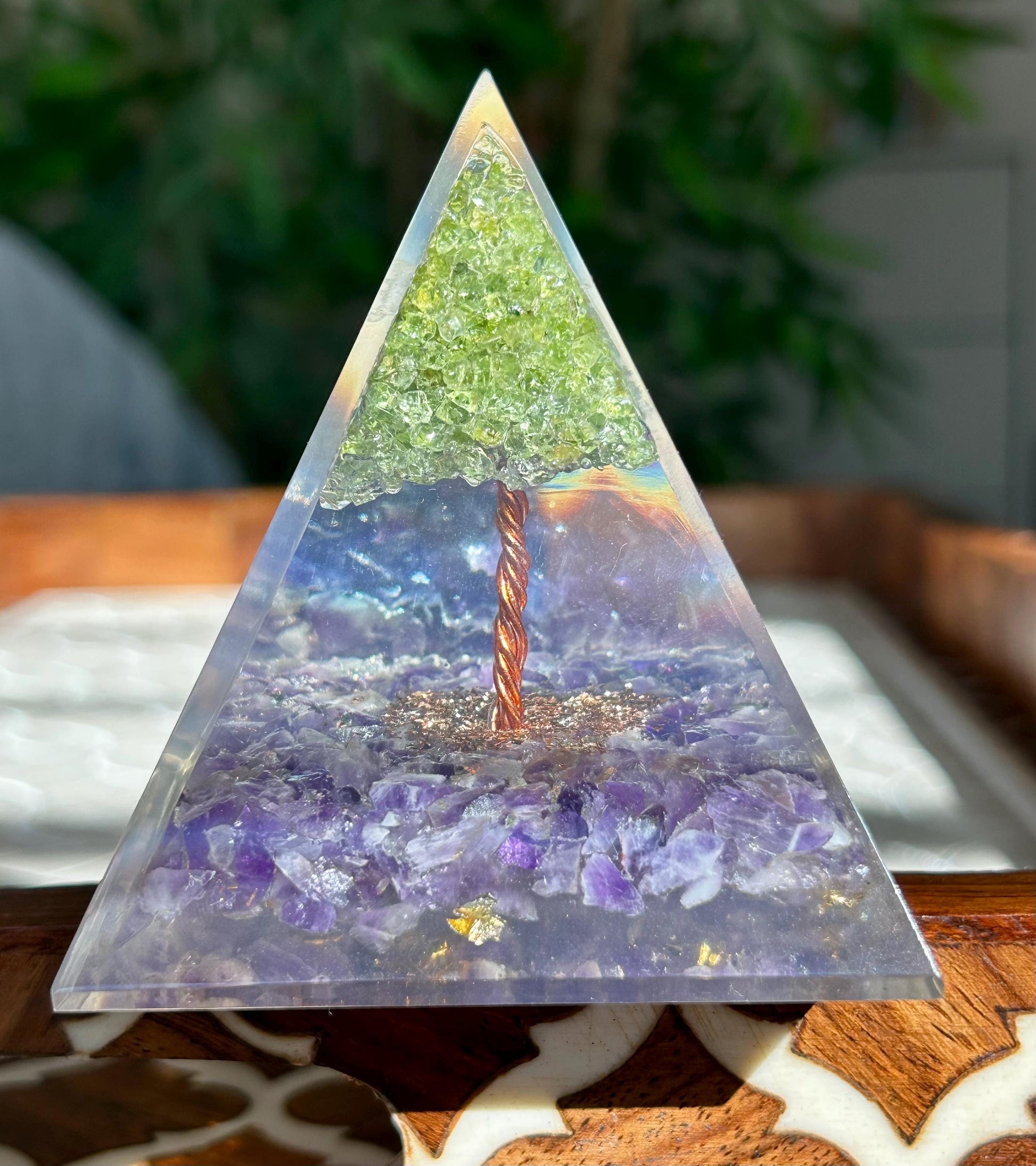 Miniature Crystal Trees; Peridot and Amethyst Crystal Orgonite Pyramid; 3.14 inches