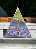 Miniature Crystal Trees; Peridot and Amethyst Crystal Orgonite Pyramid; 3.14 inches