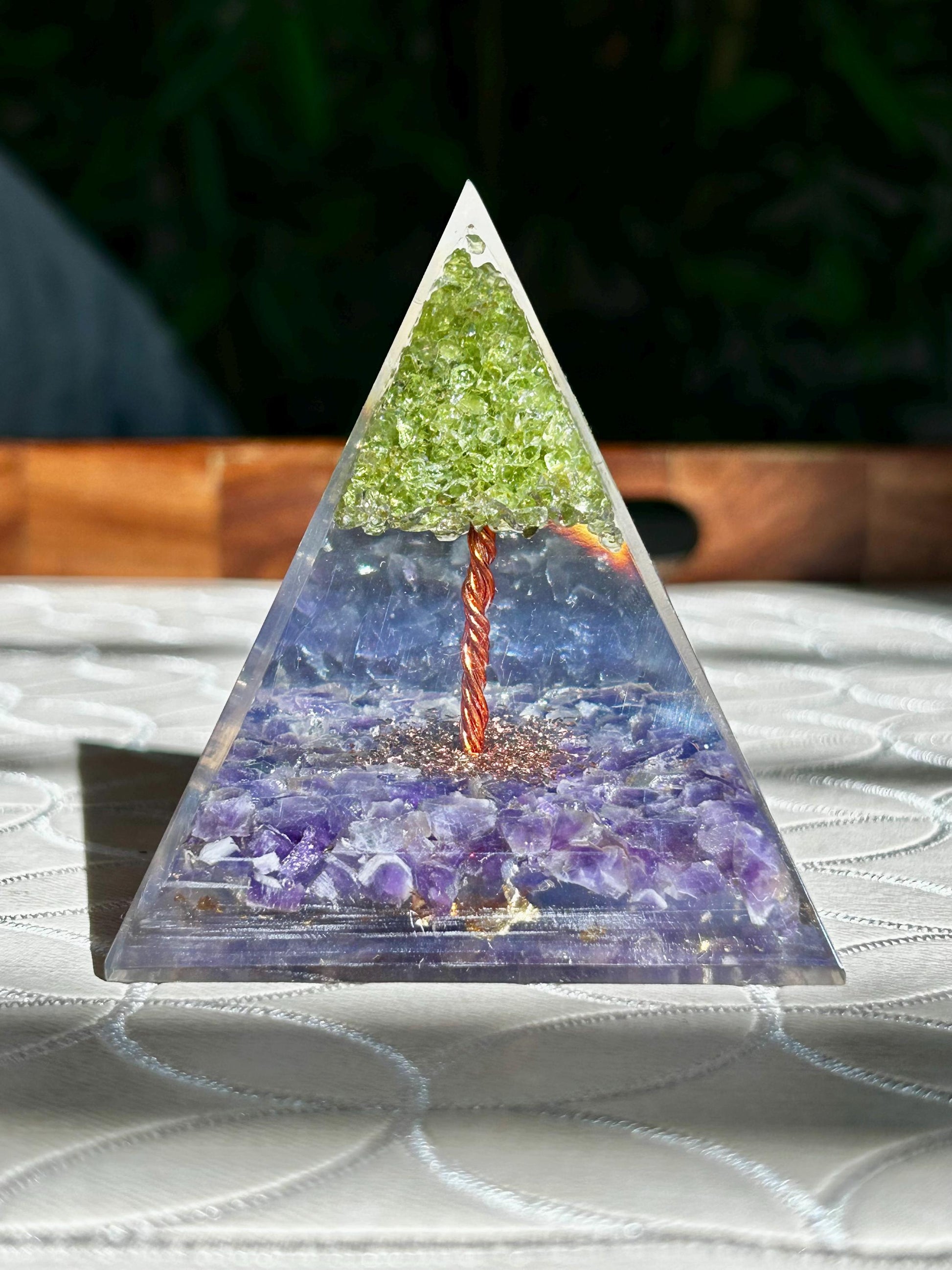 Miniature Crystal Trees; Peridot and Amethyst Crystal Orgonite Pyramid; 3.14 inches