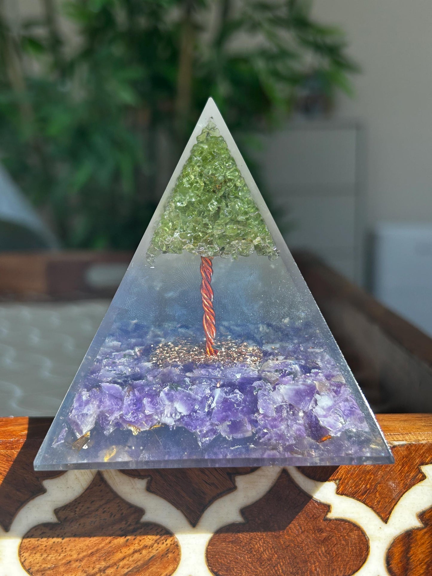 Miniature Crystal Trees; Peridot and Amethyst Crystal Orgonite Pyramid; 3.14 inches