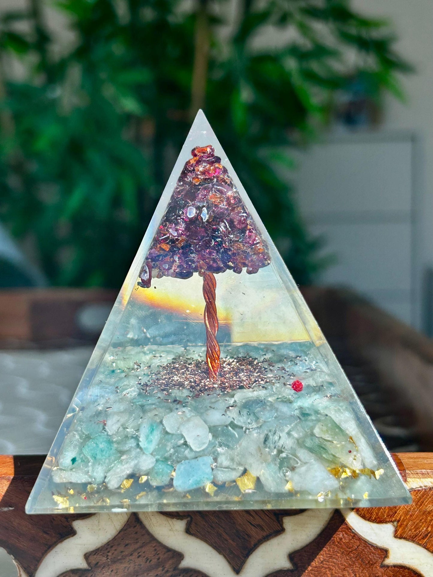 Miniature Crystal Trees; Green Aventurine and Garnet Crystal Orgonite Pyramid; 3.14 inches