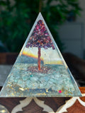 Miniature Crystal Trees; Green Aventurine and Garnet Crystal Orgonite Pyramid; 3.14 inches