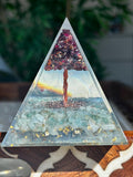 Miniature Crystal Trees; Green Aventurine and Garnet Crystal Orgonite Pyramid; 3.14 inches
