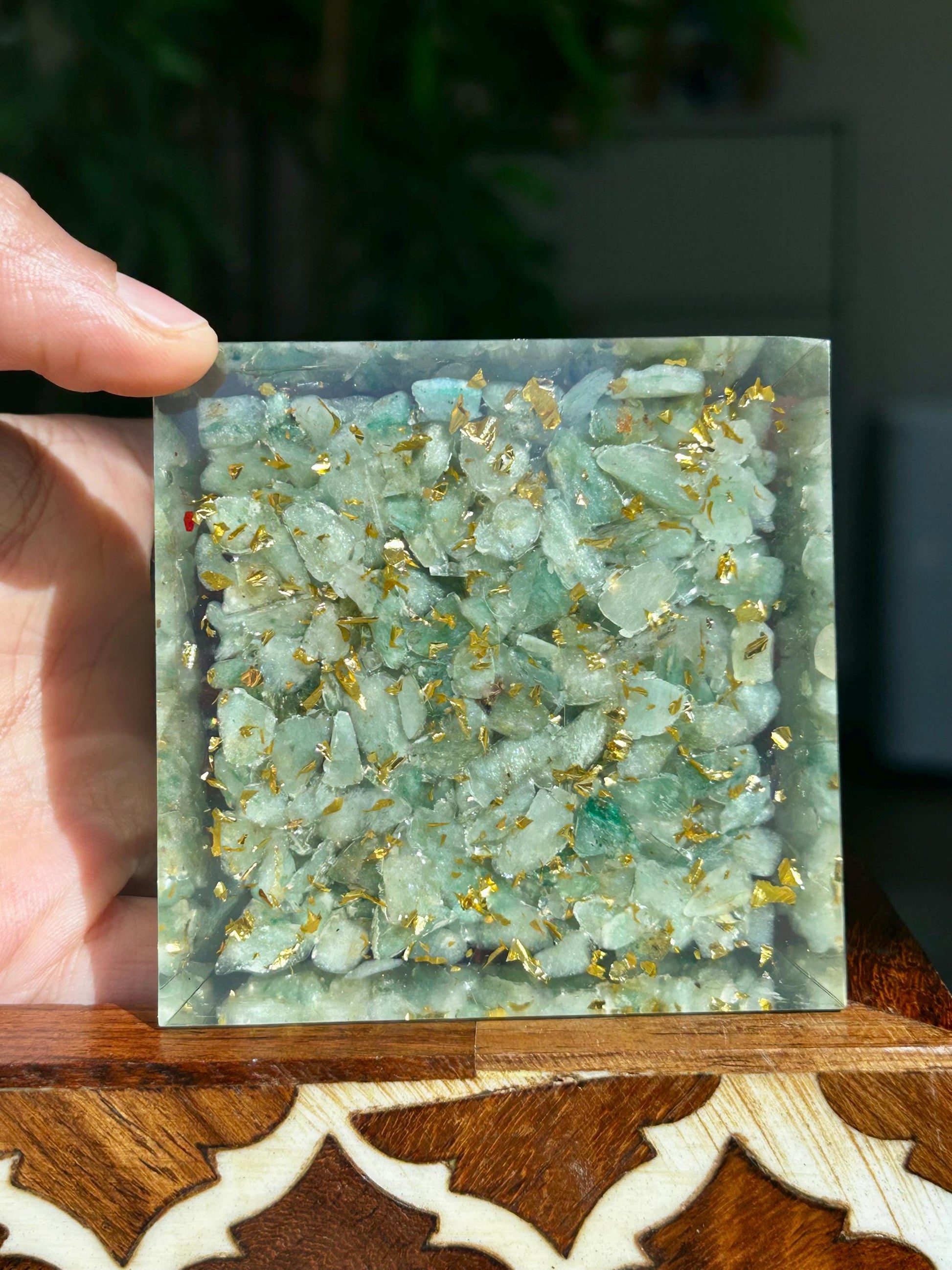 Miniature Crystal Trees; Green Aventurine and Garnet Crystal Orgonite Pyramid; 3.14 inches