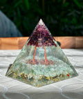 Miniature Crystal Trees; Green Aventurine and Garnet Crystal Orgonite Pyramid; 3.14 inches