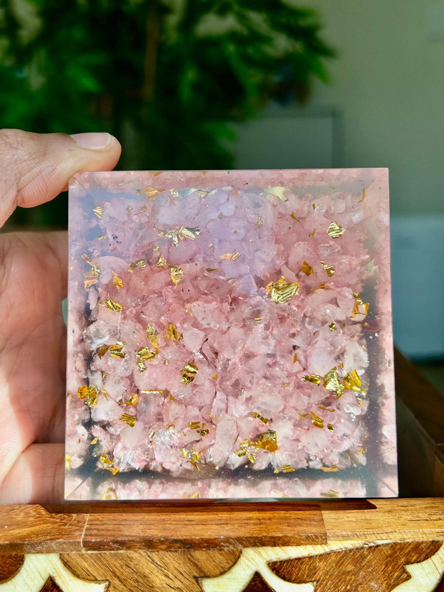 Miniature Crystal Trees; Amethyst and Rose Quartz Crystal Orgonite Pyramid; 3.14 inches