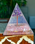 Miniature Crystal Trees; Amethyst and Rose Quartz Crystal Orgonite Pyramid; 3.14 inches