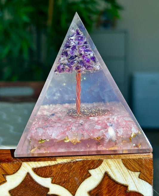 Miniature Crystal Trees; Amethyst and Rose Quartz Crystal Orgonite Pyramid; 3.14 inches
