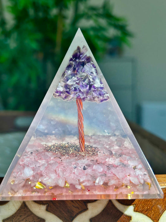 Miniature Crystal Trees; Amethyst and Rose Quartz Crystal Orgonite Pyramid; 3.14 inches
