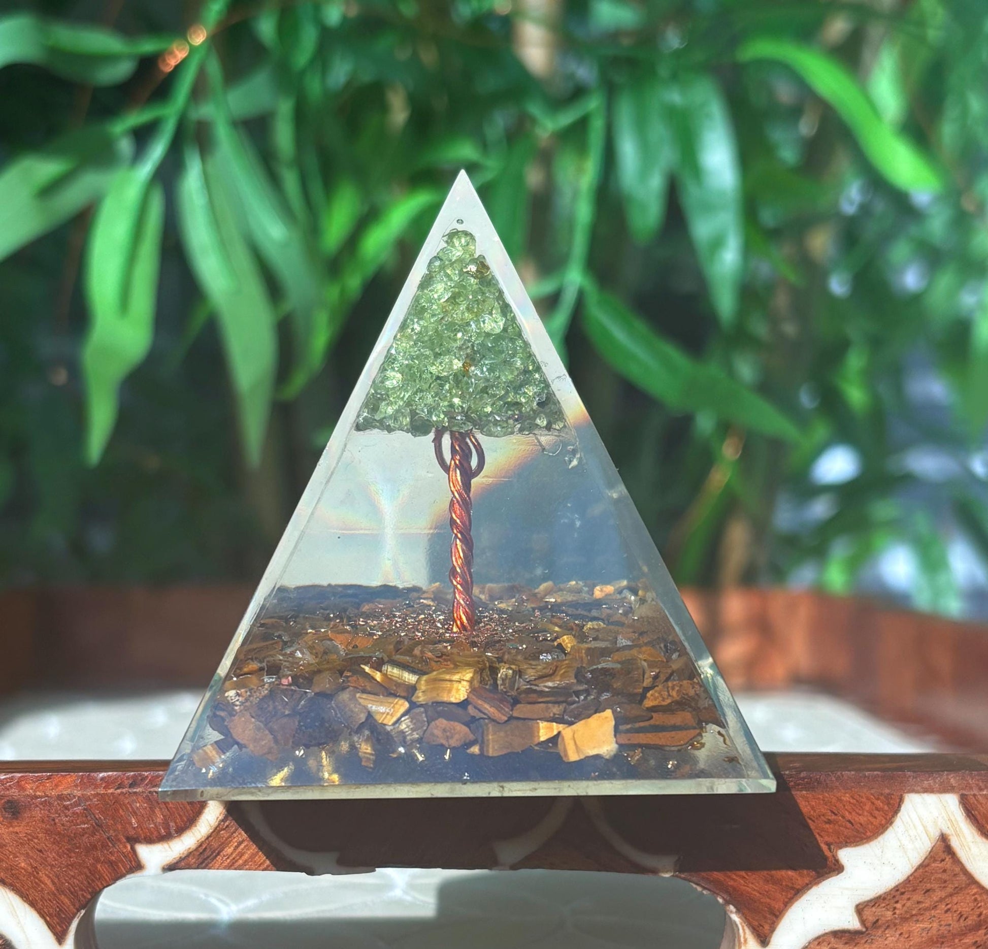 Miniature Crystal Trees; Peridot and Tiger Eye Crystal Orgonite Pyramid; 3.14 inches