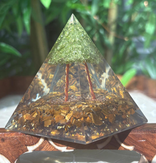 Miniature Crystal Trees; Peridot and Tiger Eye Crystal Orgonite Pyramid; 3.14 inches