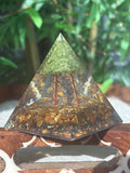 Miniature Crystal Trees; Peridot and Tiger Eye Crystal Orgonite Pyramid; 3.14 inches