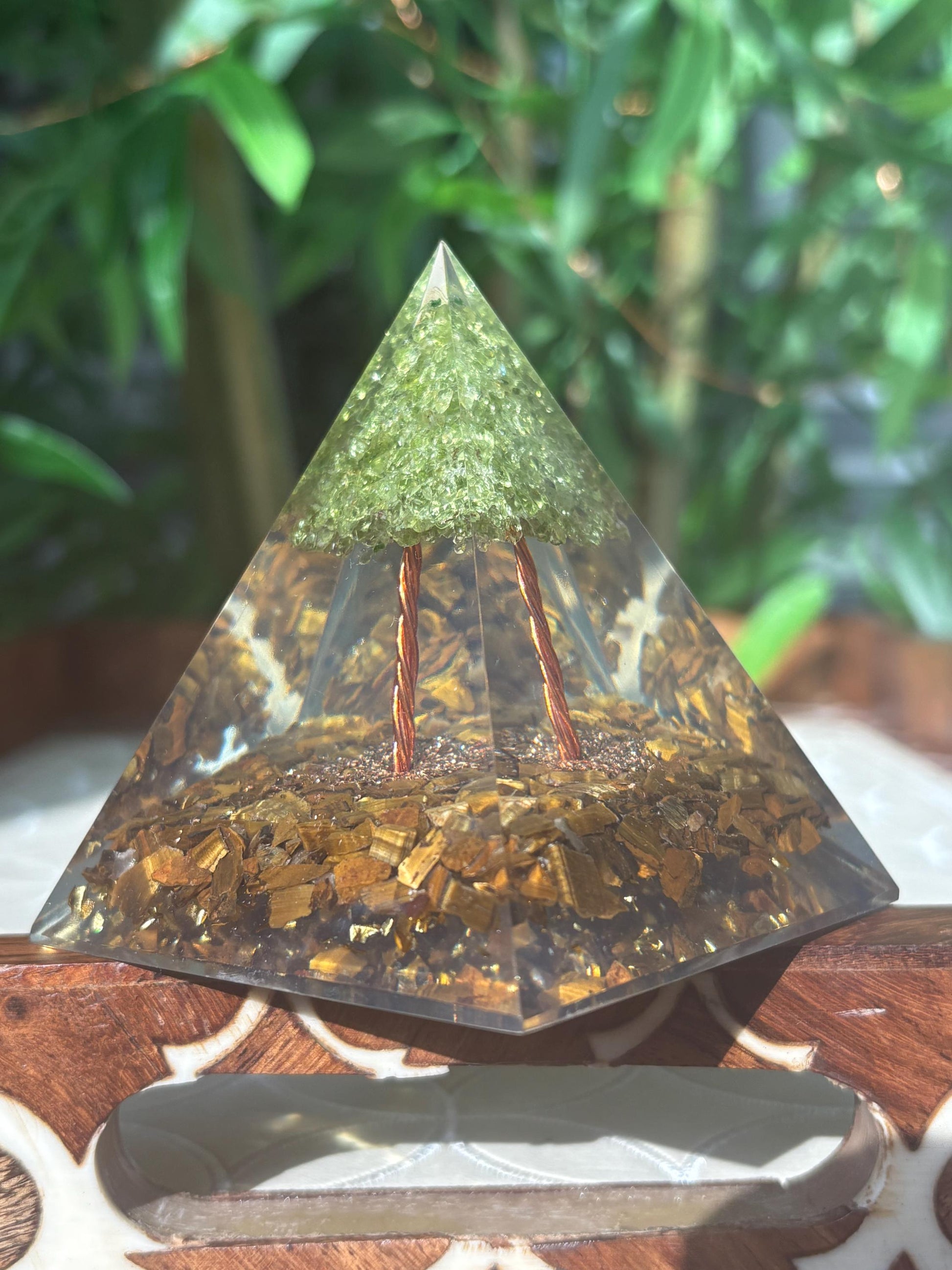 Miniature Crystal Trees; Peridot and Tiger Eye Crystal Orgonite Pyramid; 3.14 inches