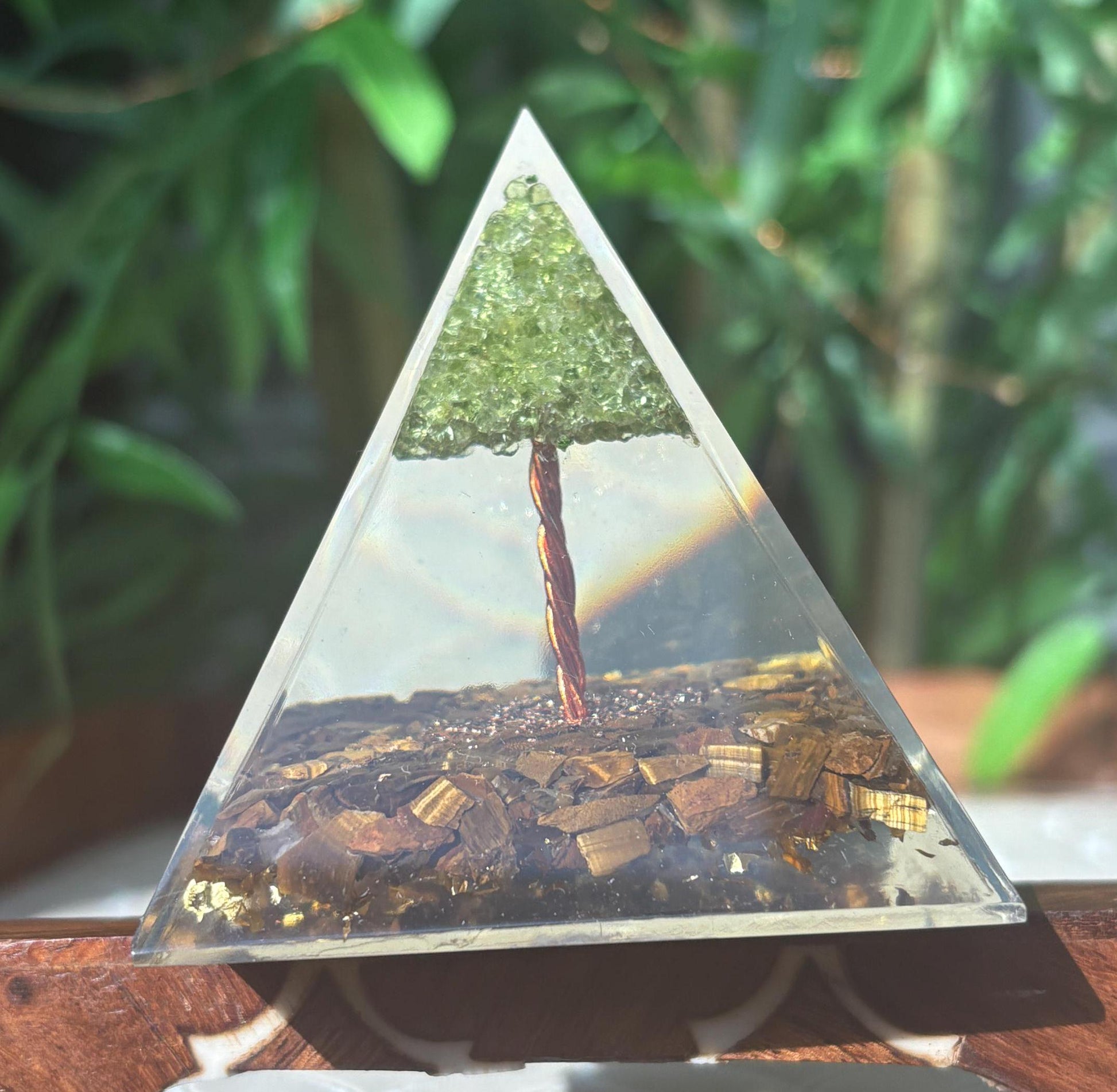Miniature Crystal Trees; Peridot and Tiger Eye Crystal Orgonite Pyramid; 3.14 inches