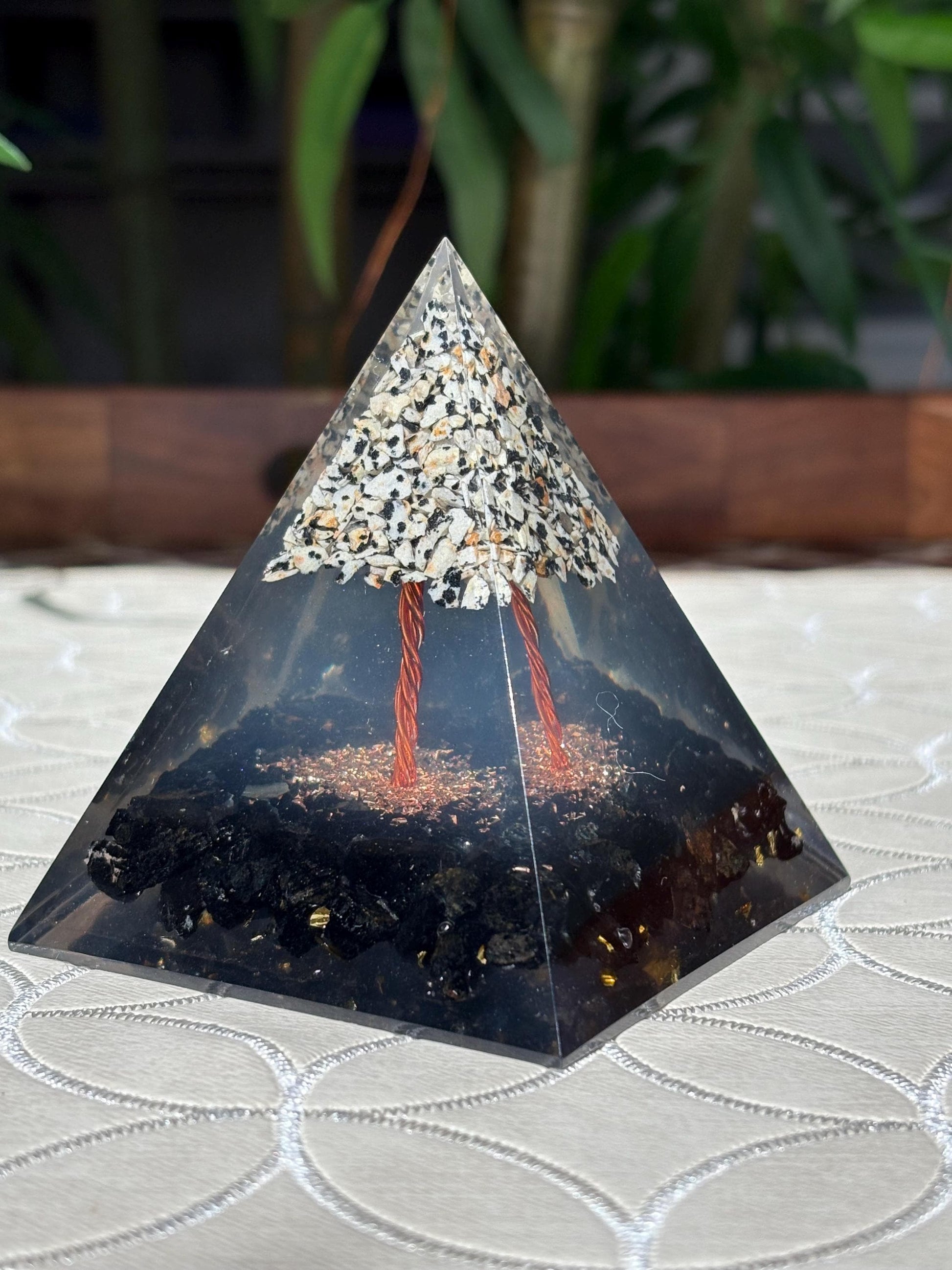 Miniature Crystal Trees; Black Tourmaline and Dalmatian Jasper Orgonite Pyramid; 3.14 inches
