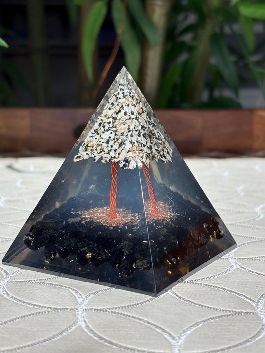 Miniature Crystal Trees; Black Tourmaline and Dalmatian Jasper Orgonite Pyramid; 3.14 inches