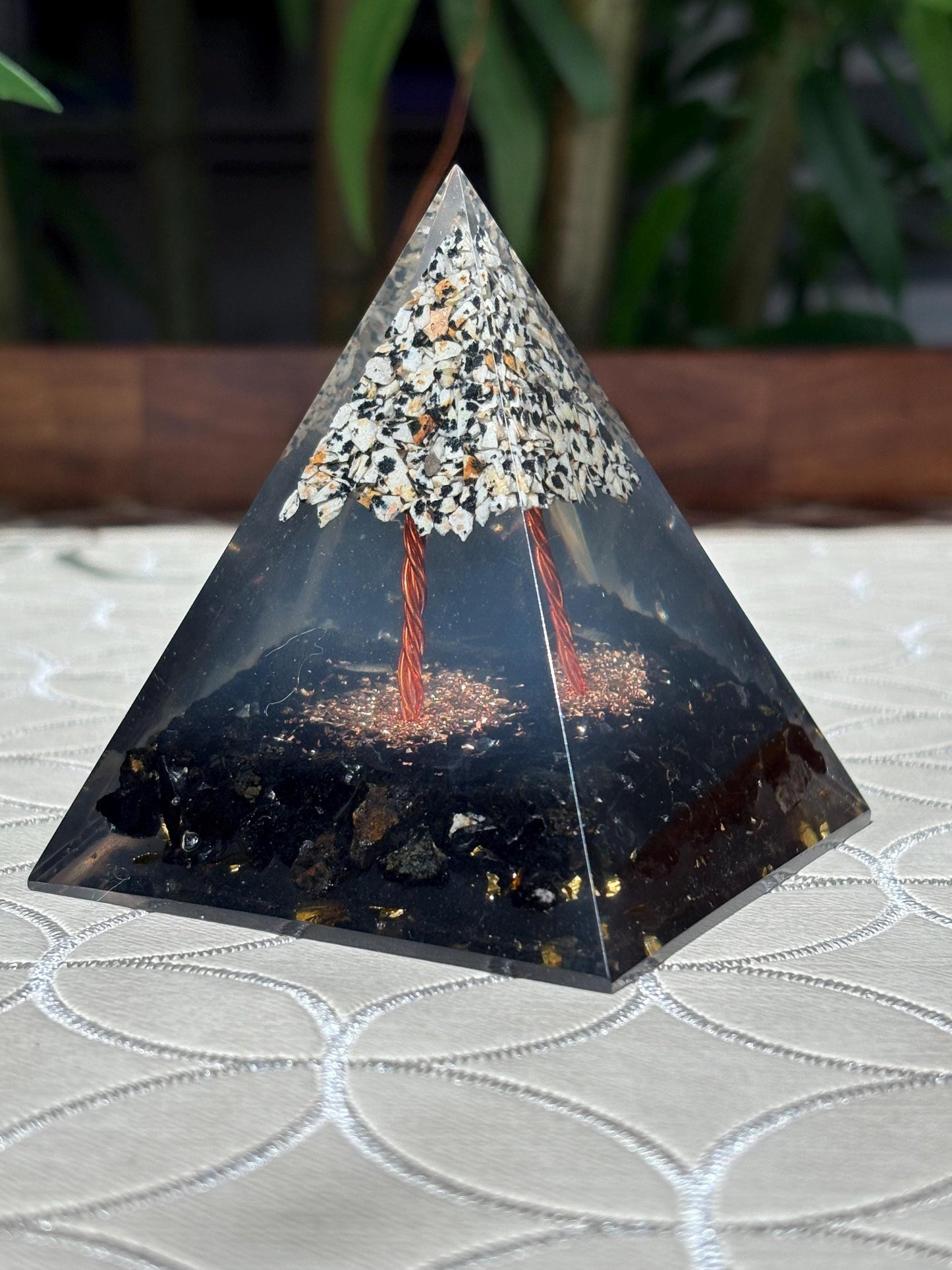 Miniature Crystal Trees; Black Tourmaline and Dalmatian Jasper Orgonite Pyramid; 3.14 inches