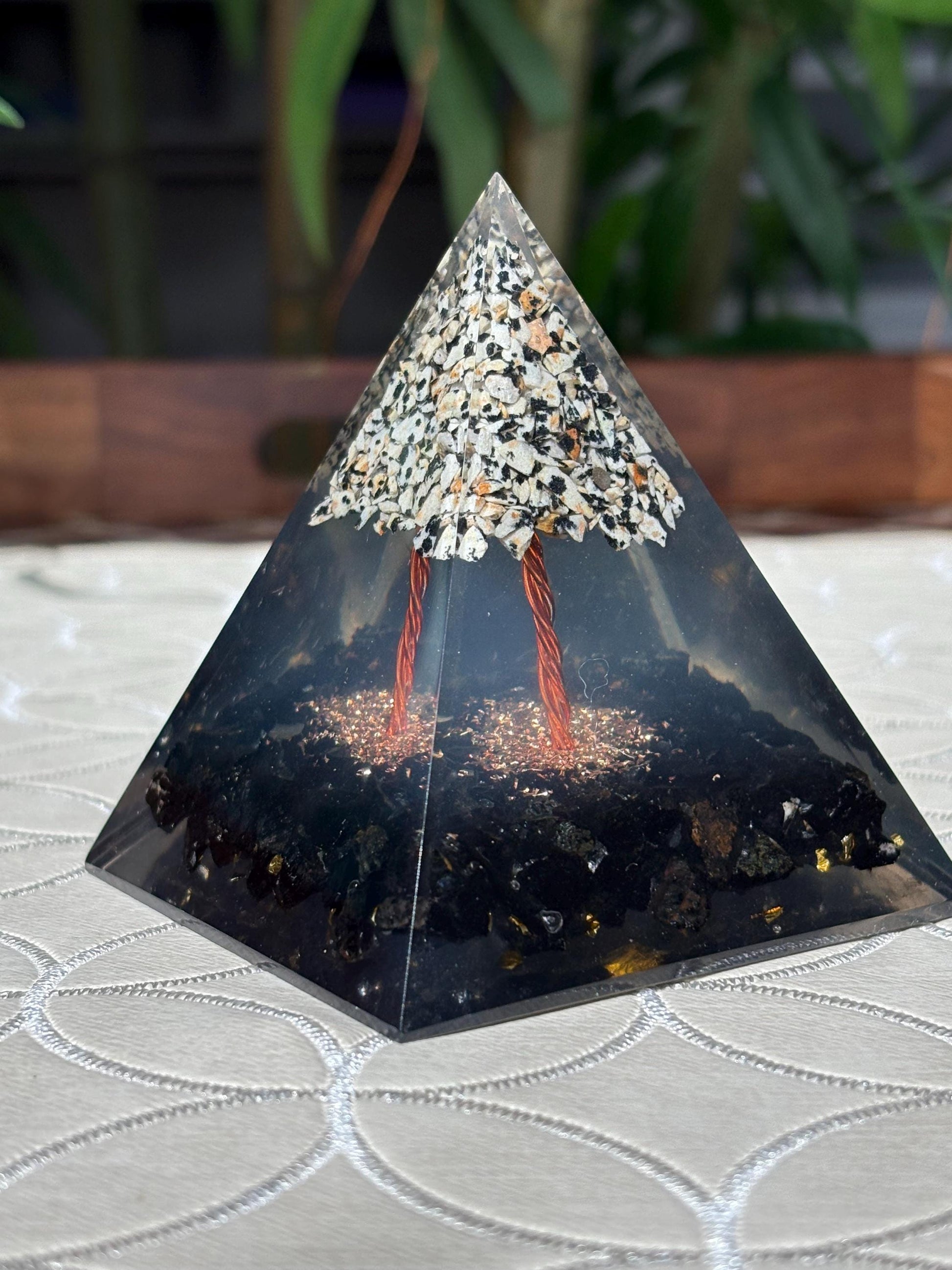 Miniature Crystal Trees; Black Tourmaline and Dalmatian Jasper Orgonite Pyramid; 3.14 inches
