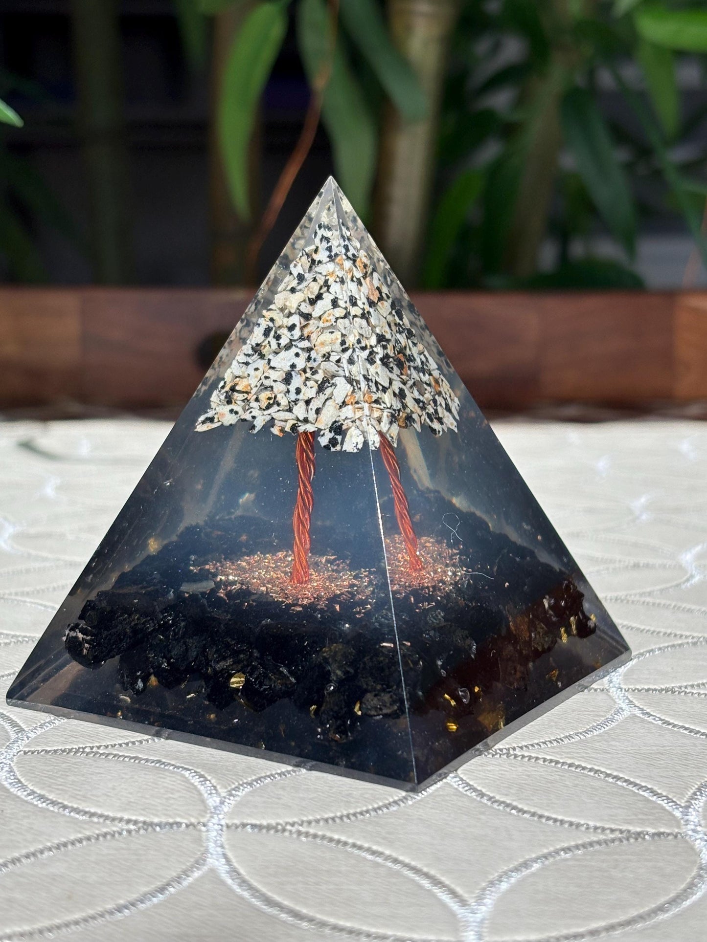 Miniature Crystal Trees; Black Tourmaline and Dalmatian Jasper Orgonite Pyramid; 3.14 inches