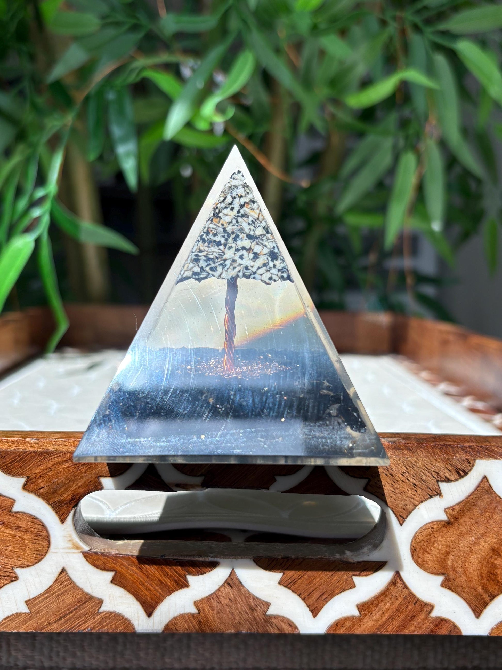 Miniature Crystal Trees; Black Tourmaline and Dalmatian Jasper Orgonite Pyramid; 3.14 inches