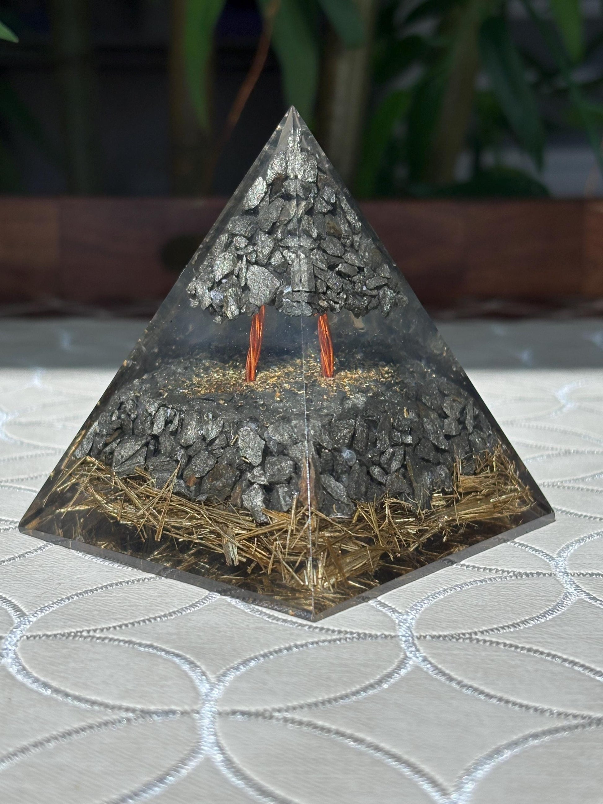 Miniature Crystal Trees; Pyrite Orgonite Pyramid; 3.14 inches