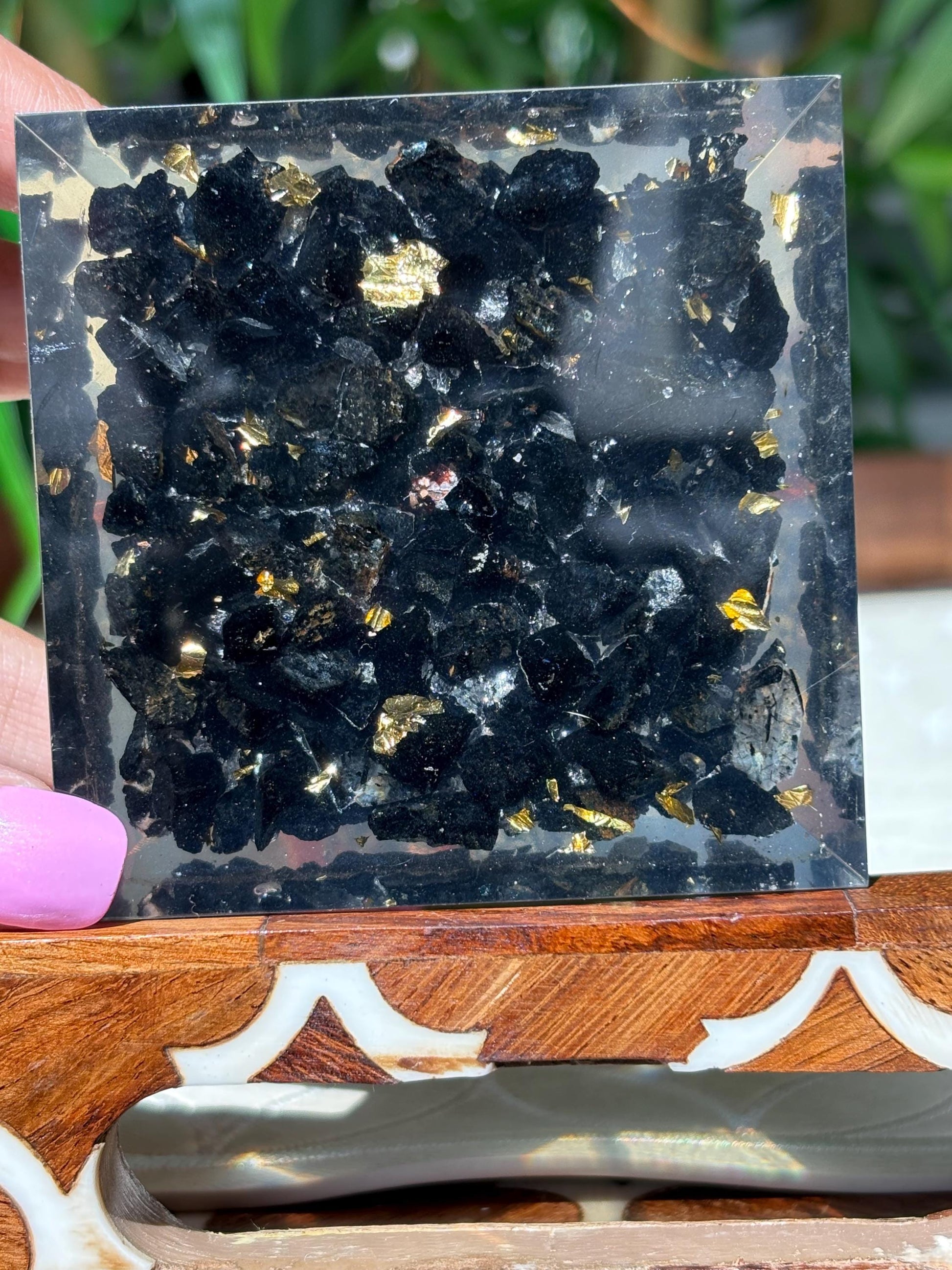 Miniature Crystal Trees; Black Tourmaline and Dalmatian Jasper Orgonite Pyramid; 3.14 inches