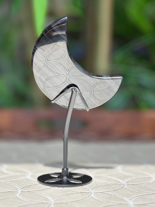 Midnight Lace Ice Obsidian Crystal Moon Carving with Stand ; 3.44 Inches
